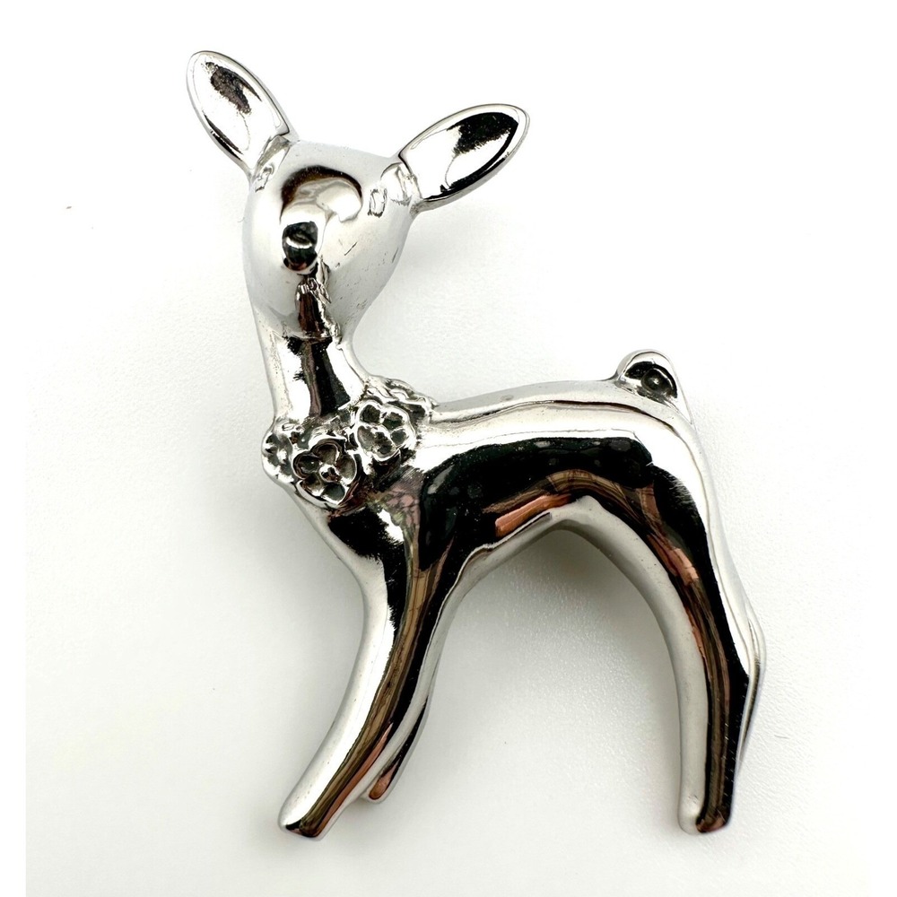 Reindeer Brooch Pin with a Floral Collar Vintage 1960's Silver Tone